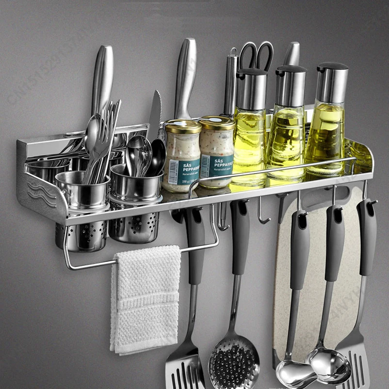 

Multifunction Kitchen Rack,304 Stainless Steel Kitchen Shelf,Spice Rack Knife Tableware Holder with Hooks Cups Hanging Storage