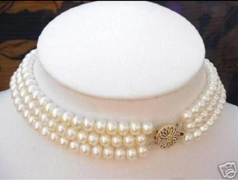 

FREE SHIPPING HOT sell new Style >>>>Real charming south set 3 Strand 8-9MM natural White Pearl Choker Necklace