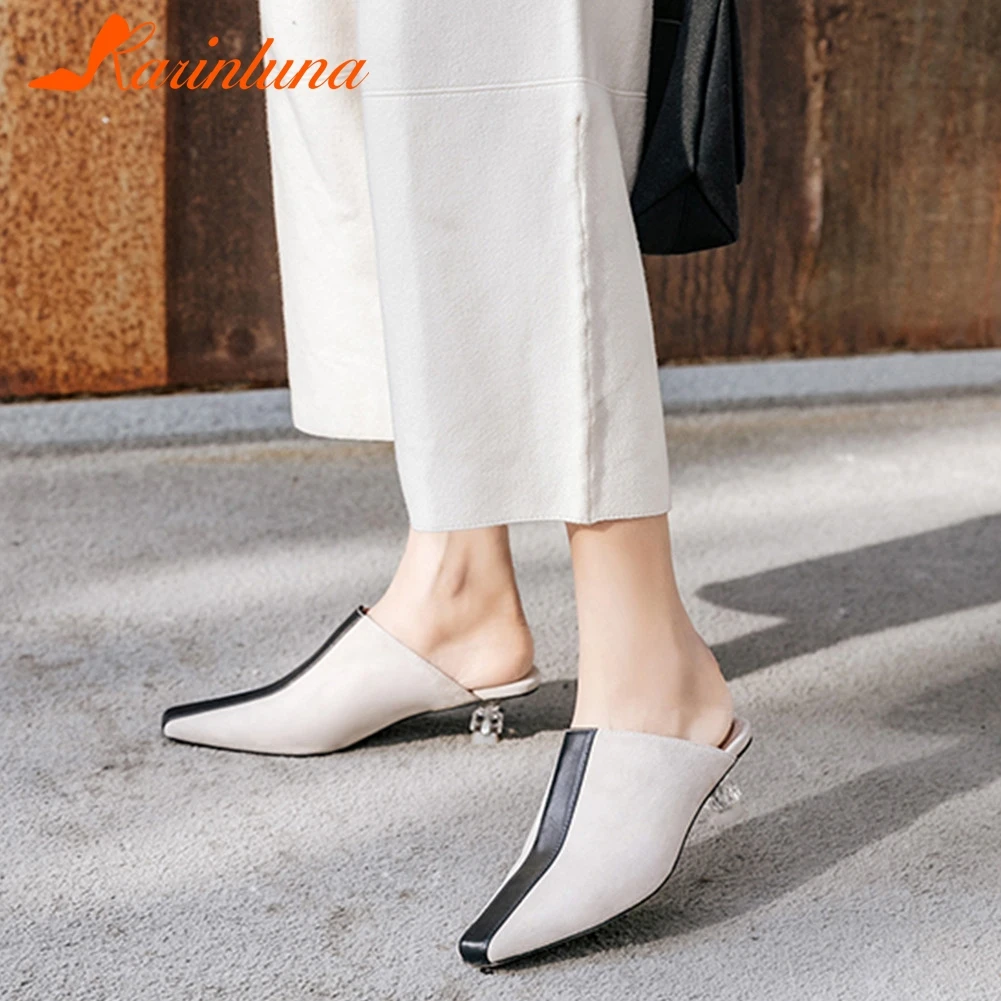 

KARINLUNA Big Size 34-41 Brand New women's Genuine Leather Mules Med Heels Shoes Woman Casual Party Spring Summer Pumps