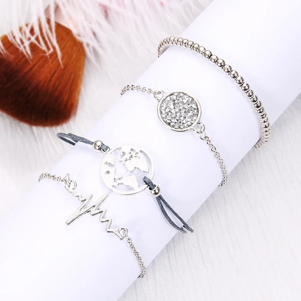 

New Bracelet Fashion Personality Electrocardiogram Lightning World Map Women's Bracelet Set