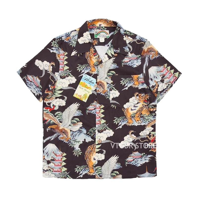 

Bob Dong Men's Vintage Hawaiian Aloha Floral Shirt Mount Fuji Dragon Tiger Eagle Pattern Hawaii Beach Party Cruise Luau Shirts