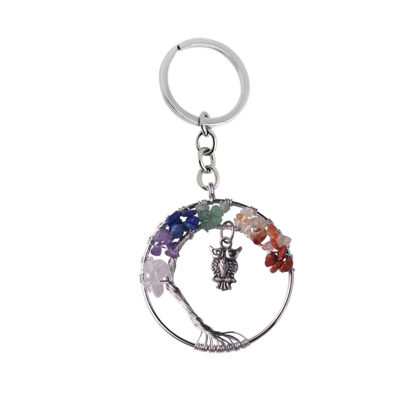 

New Life of Tree Crystal Keychain Owl Chakra Stone Black Onyx llavero Rainbow Natural Wisdom key chain