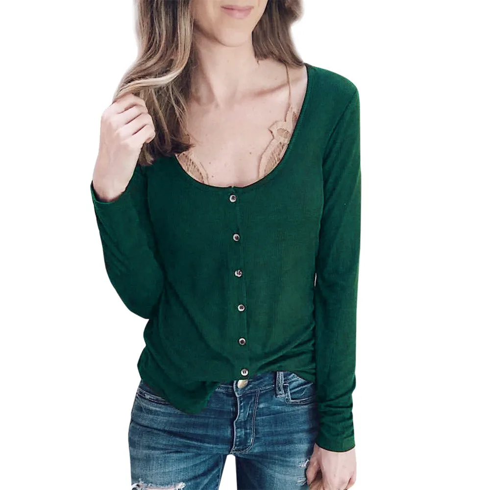

Womens Solid O-Neck Casual Button Solid Color Green Long Sleeves Tunic Tops T-Shirt Autumn Winter Girl's Blusas Camisa T-Shirts