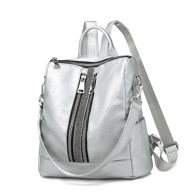 Многофункциональный женский кожаный рюкзак, большие крутые школьные сумки для девочек, Модный женский рюкзак Sac A Dos mochila - Цвет: Silver