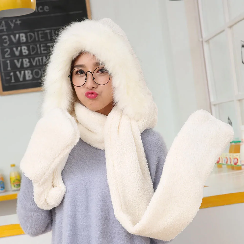 

moda mujer 2019 Ladies Faux Fur Winter Warm Fluffy Hood Scarf Hat Snood Pocket Hats Gloves gorros mujer invierno pink white