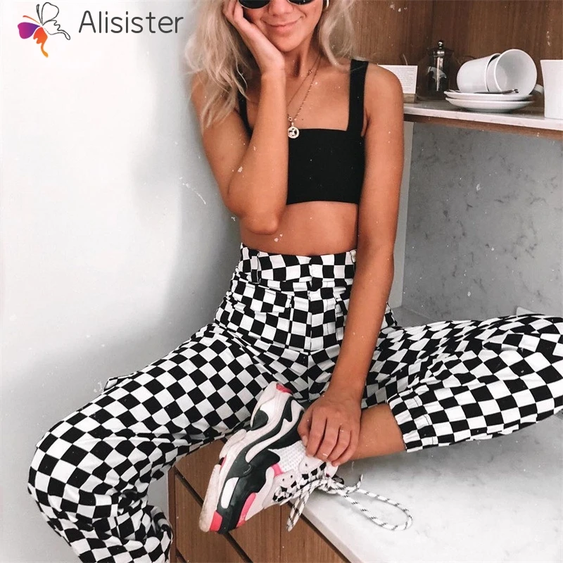 

Women Cargo Pants 2019 Autumn Winter Checkerboard Loose High Street Harem Pants White Black Plaid High Waist Hip Hop Trousers
