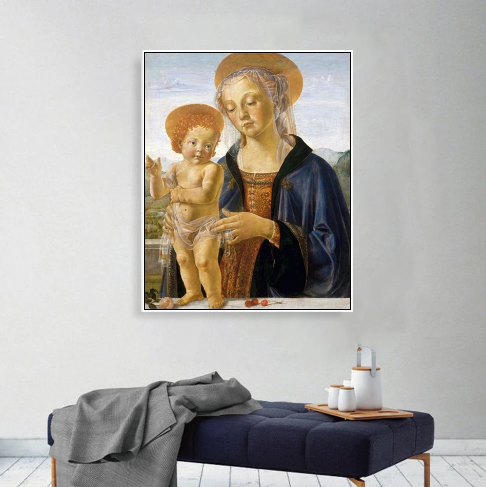

Laeacco Canvas Painting Madonna and the Holy Child Posters Prints Andrea del Verrocchio Wall Art Picture Living Room Home Decor