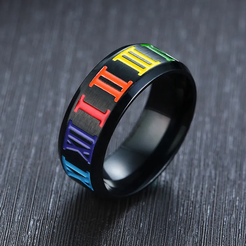 

ZORCVENS 2019 New 8mm Black Ring with Rainbow Roman Numeral Numbers Stainless Steel Wedding Band Gay Ring for Men Woman