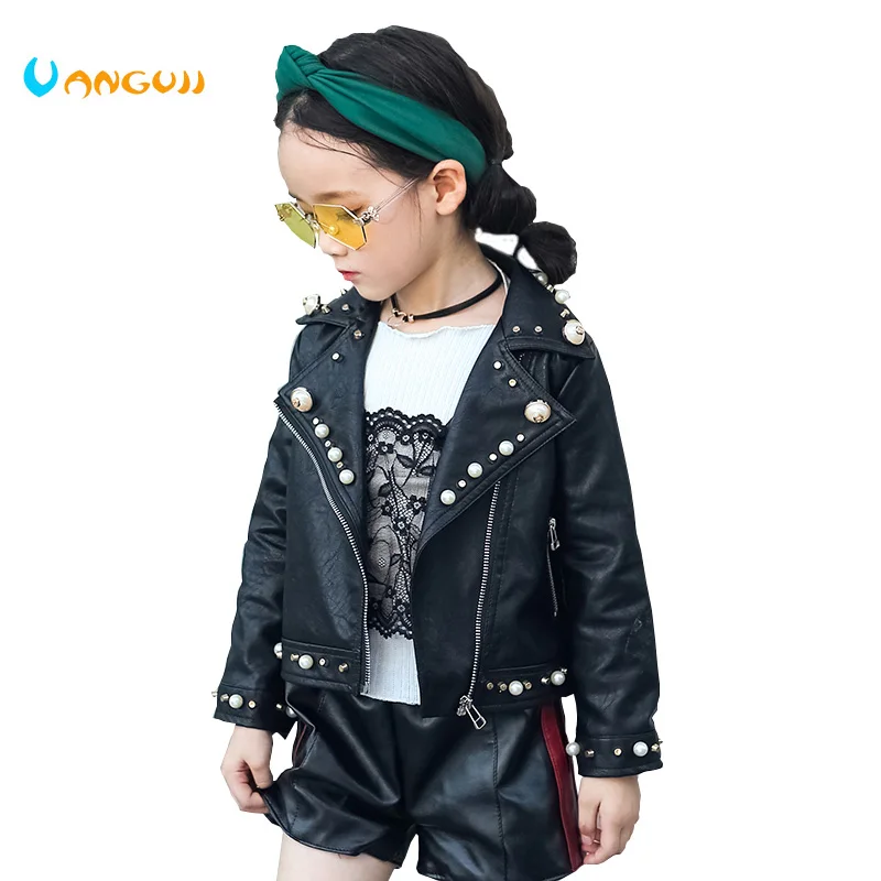 

2018 autumn winter hot children PU jacket, 2-7 year old girl fashion Lapel pearl leather motorcycle leather jacket