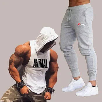 

Animal brand clothing Stringer Hooded Tank Top+men's trousers Brand sportswear Bodybuilding and Fitness Shirt Clothes Vest Suit