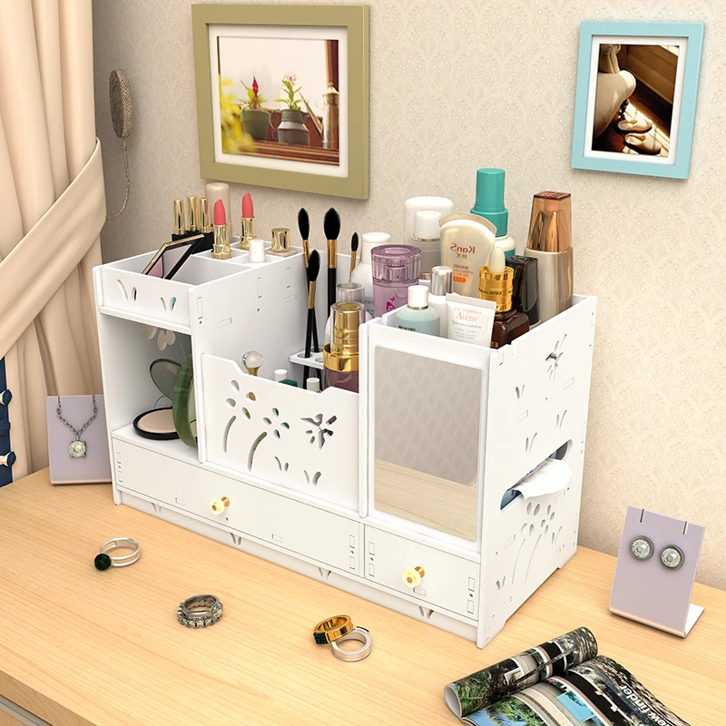 

Home Desktop drawer storage box dressing table cosmetics storage box with mirror jewelry makeup organizer rack mx7111425