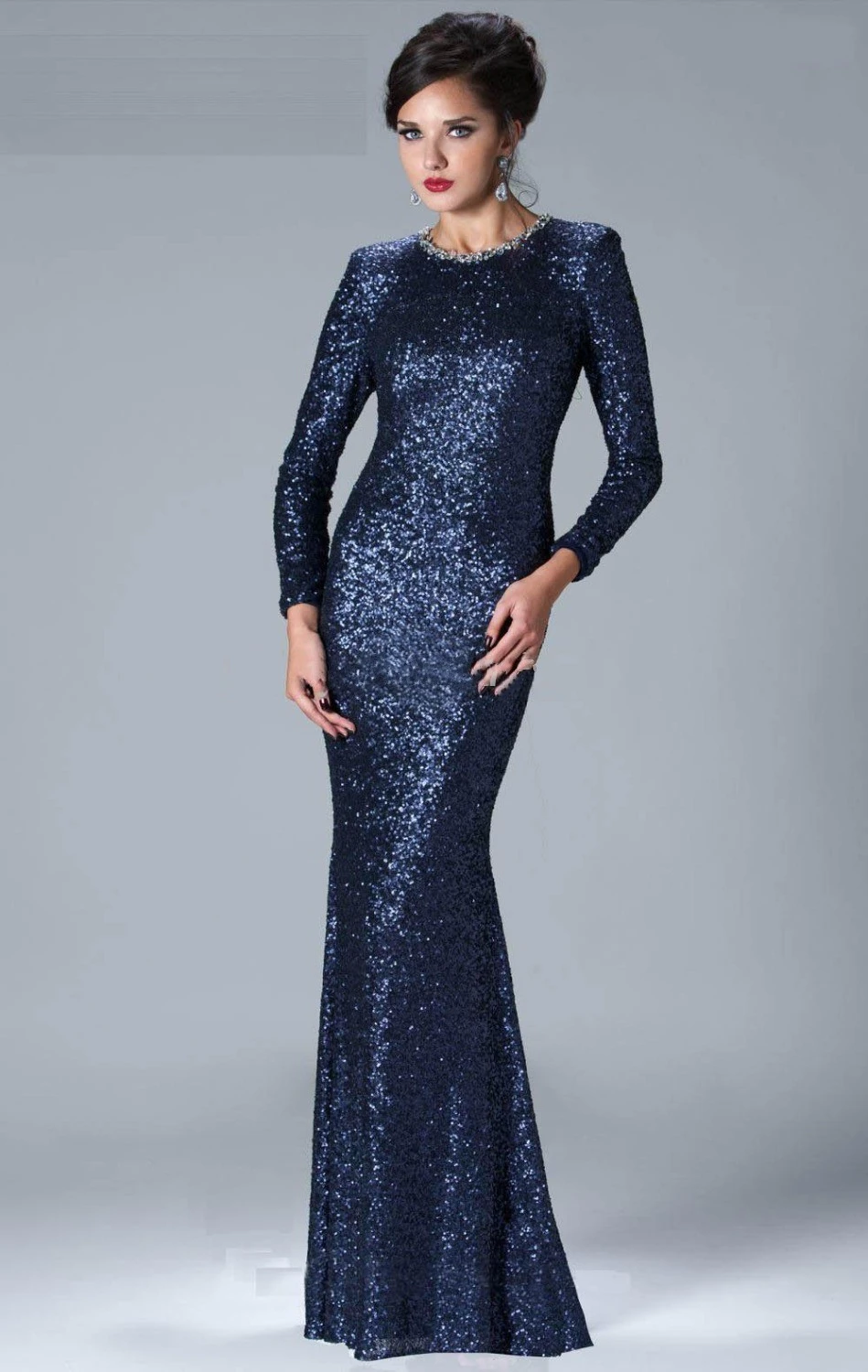 XPLE Mermaid High Collar Long Sleeves Navy Blue Sparkle Sequins Elegant Long Evening Dresses 