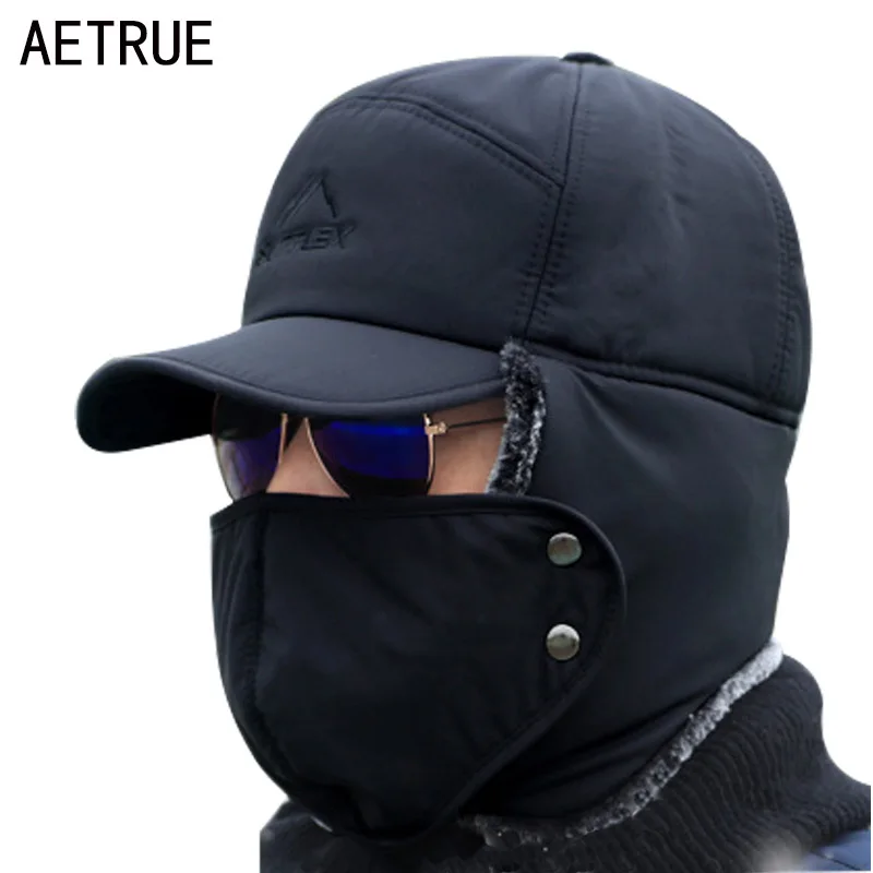 

AETRUE Winter Hat Men Bomber Hats For Men Women Thick Balaclava Cotton Fur Earflap Warm Caps Skull Mask Male Winter Bomber Hat