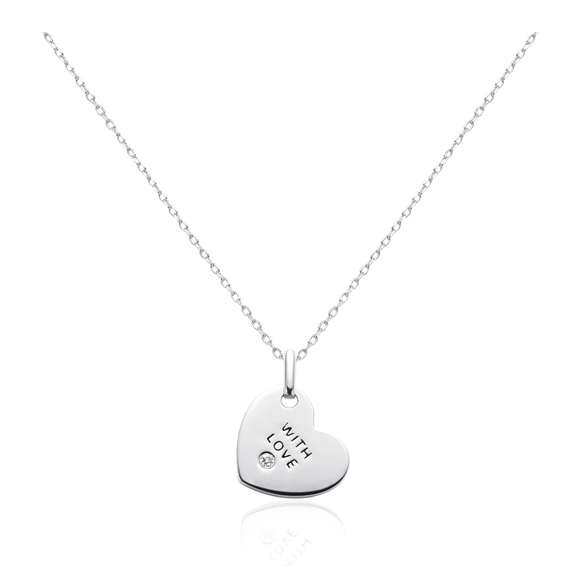 

LEKANI 2019 Simple Cubic zirconia Heart Dog Tag Pendant Clavicle Chain WITH LOVE 925 Sterling Silver Charm Necklaces Jewelry