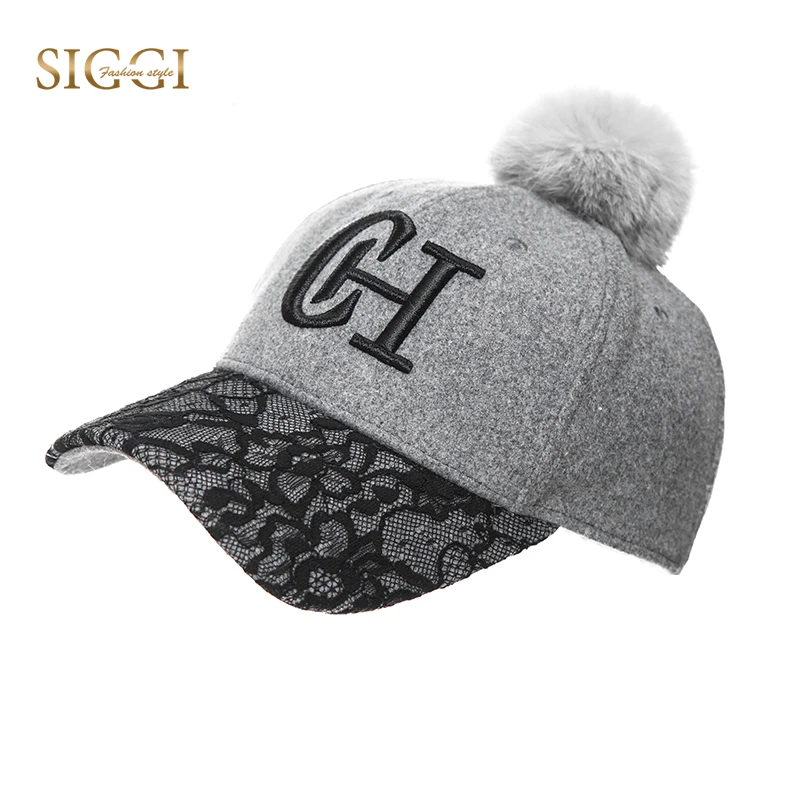SIGGI Winter Baseball Caps For Women Letter Print Pompom Warm