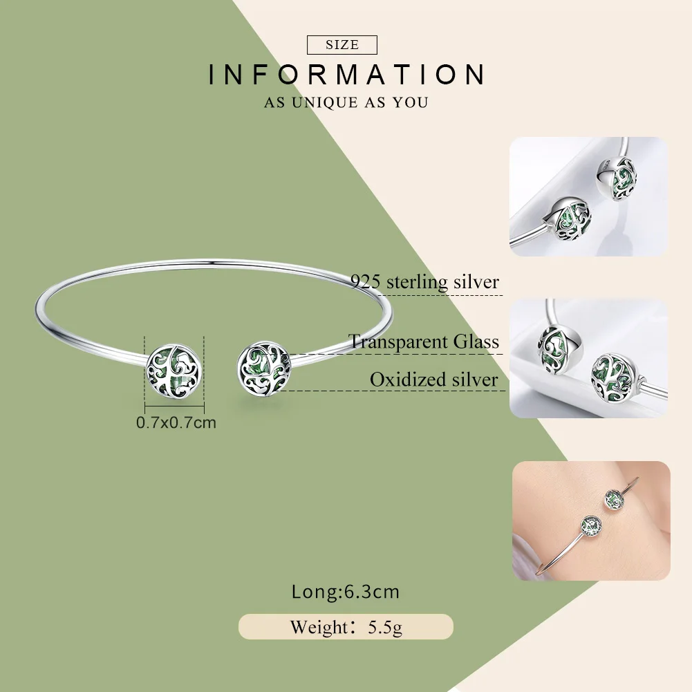 Goede BAMOER Echt 925 Sterling Silver Tree of Life Green Crystal CZ Vrouwen Open Manchet Bangle Armband Luxe Zilveren Sieraden SCB057