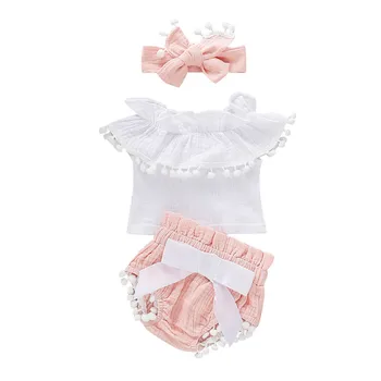 

Cute baby outfit Infant Baby Girls Sleeveless Ruffles Solid Tops+Tassels Shorts Headband Outfits