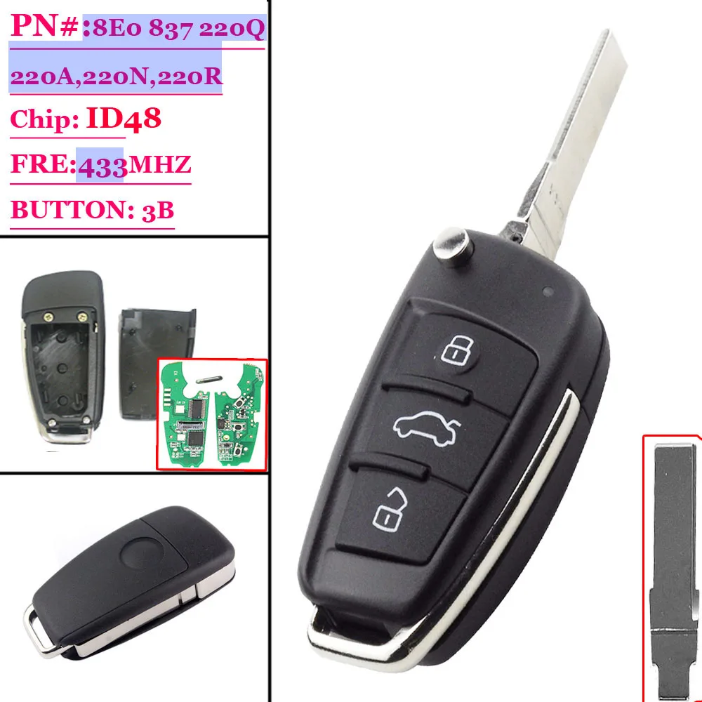 3 кнопки дистанционного ключа автомобиля Флип 433 МГц брелок для AUDI A2 A4 S4 Кабриолет Quattro Avant 2005 2006 2007 2008 с 48 чип 8E0 837 220K