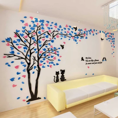 3D стикер с парой деревьев, акриловая стерео Наклейка на стену, домашний декор, для гостиной, спальни, дивана, декоративное искусство, креативный - Цвет: Blue and Pink Left