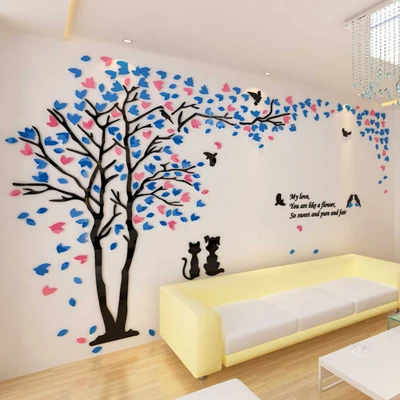 Blue and Pink Left 3D стикер с парой деревьев, акриловая стерео Наклейка на стену, домашний декор, для гостиной, спальни, дивана, декоративное искусство, креативный - Цвет: Blue and Pink Left