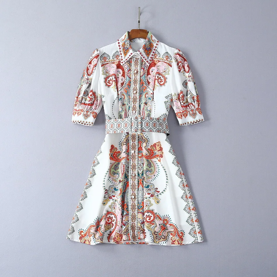 

European and American women's clothing 2019 summer new style 5 minutes of sleeve Nail bead lapel Retro print fashion belt dress