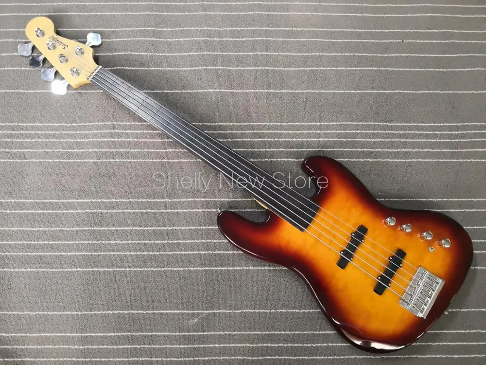 

Shelly new store custom sunburst quilted maple top Jazz alder body bass ebony fretless 5 string active wire electric bass guitar