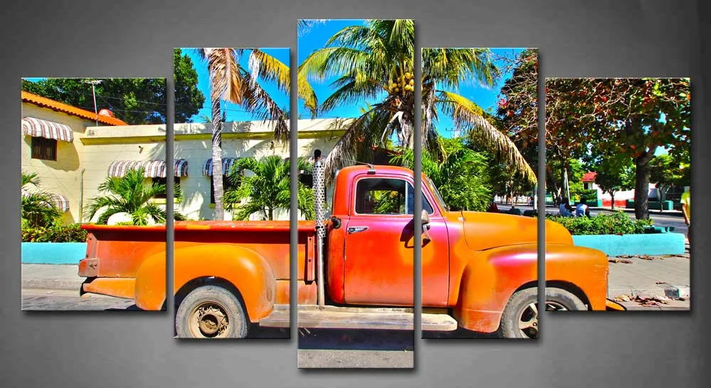 

5 Panels Unframed Wall Art Picture Old Car Street Canvas Print Artwork Modern Car Poster For Home Living Room Decor