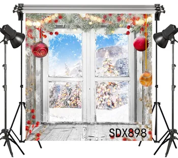 

LB Polyester & Vinyl Glass Door Snow Scene Beautiful Christmas Tree Decor Children Photography Photo Background Studio Backdrop