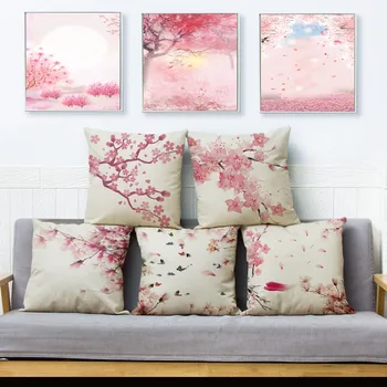 

Nordic style Pink Peach Blossom Flower Tree Cushion Cover for Sofa Home Decor Throw Pillowcase Plant Pillow Case Linen 45*45cm