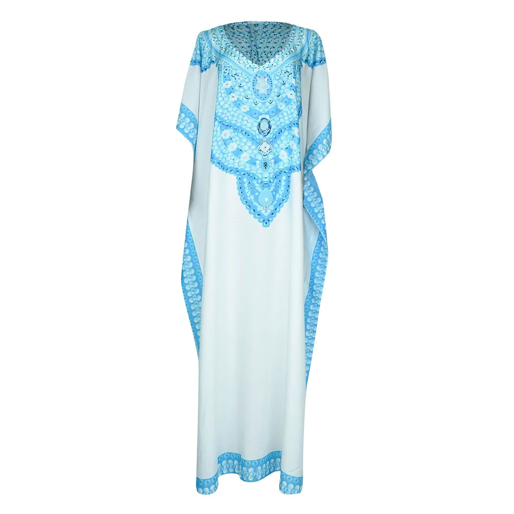 Длинное пляжное платье-кафтан с принтом голубого океана размера плюс, женская летняя пляжная туника с рукавом летучая мышь, макси платье#30