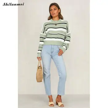 

2019 New Pullover Sweater Fashion O Neck Lady Knitted Striped Long Sleeve Casual Loose Sweater Women Spring Knitwear