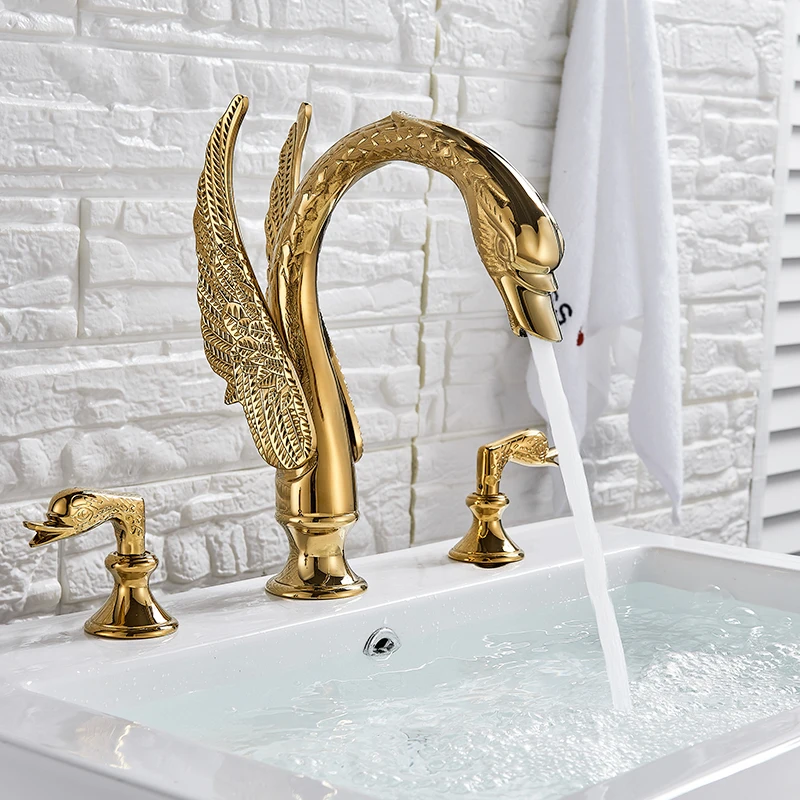 quyanre wanfan gold 3pcs swan basin faucet dual handles mixer tap hot cold water mixer tap bathroom basin sink faucet32