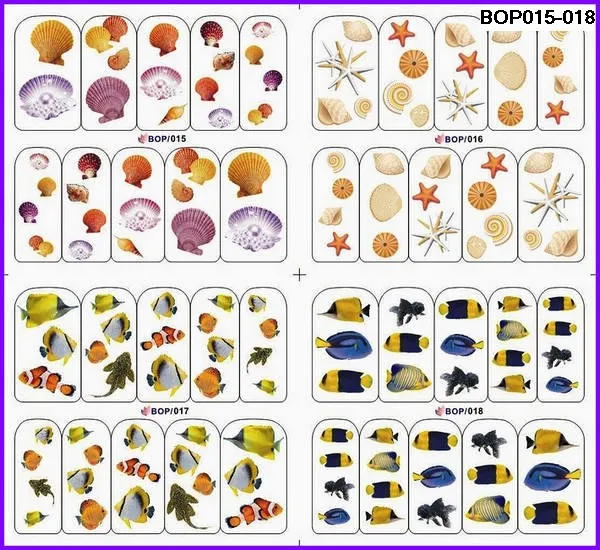 4 упаковки/партия, морская раковина, рыба, морская звезда, тату для ногтей, наклейка на ногти, BOP015-018