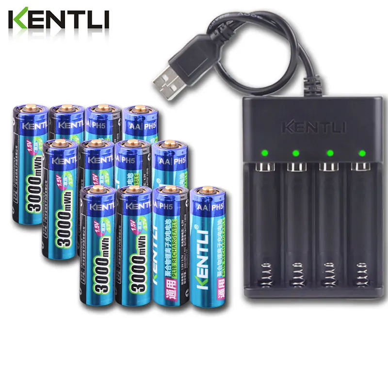 KENTLI AA 1.5V 3000mWh lithium li-ion rechargeable battery +4 Channel polymer lithium li-ion battery batteries charger