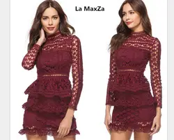 La MaxZa 2019 выдалбливают рюшами кружево платье для женщин Винтаж с длинным рукавом Тонкий Короткие пикантные вечерние женские мини