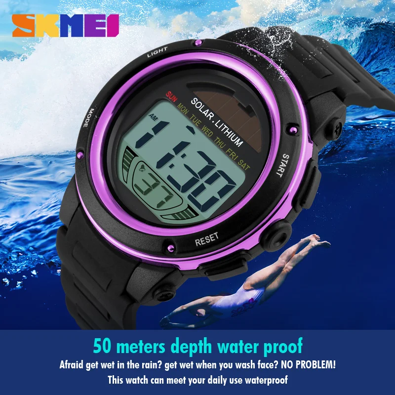 SKMEI Solar Power Outdoor Sports Watches Men Shock Digital Watch Chrono 50M Water Resistant Wristwatches Relogio Masculino 1096