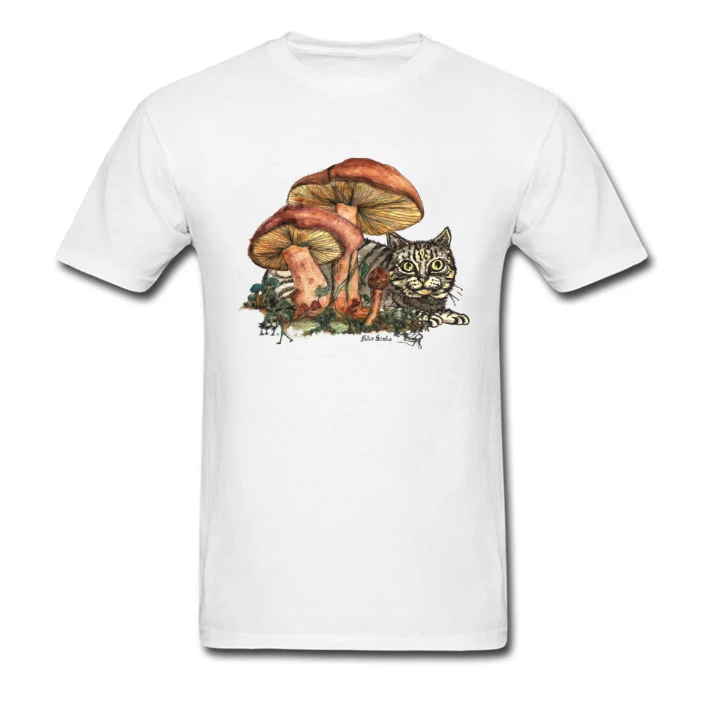 Mushroom and Cat NEW YEAR DAY Cotton Crew Neck Tops & Tees Short Sleeve Crazy Tee-Shirt 2018 New Fashion Comics T-Shirt Mushroom and Cat white