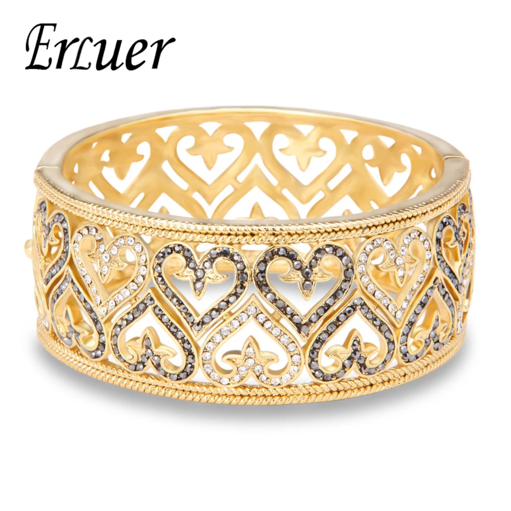 

ERLUER Fashion Gold Color Crystal Bangles Heart Pattern Hollow Cuff Luxury Wide Bangle For Women Party Jewelry Pulseras Gift