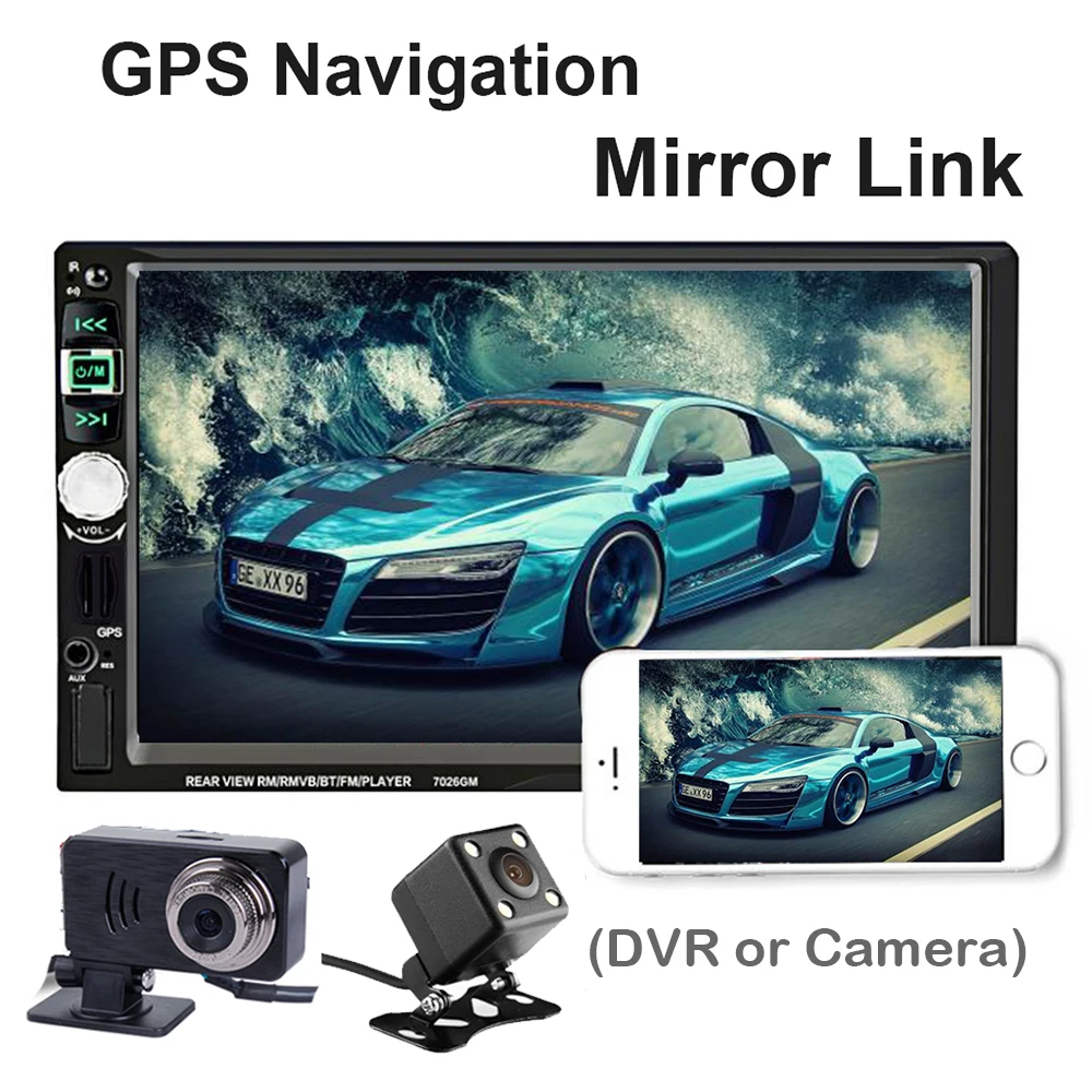 

2 Din GPS Navigation HD Car Radio with Rear View Camera DVR 7'' Audio Stereo 7026GM Bluetooth Mirror Link MP5 MP4 Player