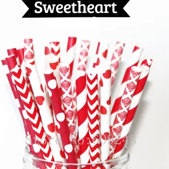 

125pcs Mix Colors Sweetheart Paper Straws,Red Heart,Striped,Chevron,Polka Dot,Damask,Wedding Birthday Party Drinking Straws Bulk