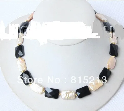 

ddh00494 Genuine 17" 18mm oblong pink pearls black agate necklace