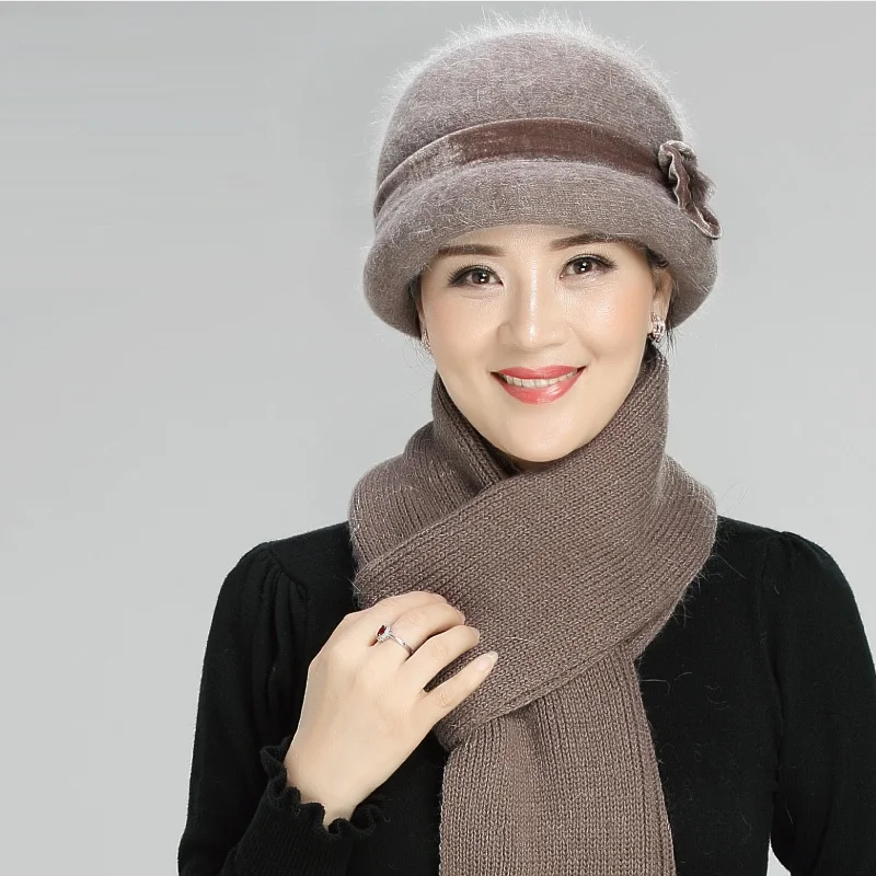 

Middle Aged Warm Hat Scarf 2pcs Elderly Wool Knitted Hat Female Winter Knitting Wool Cap Mother Thickened Warm Scarf B-7773
