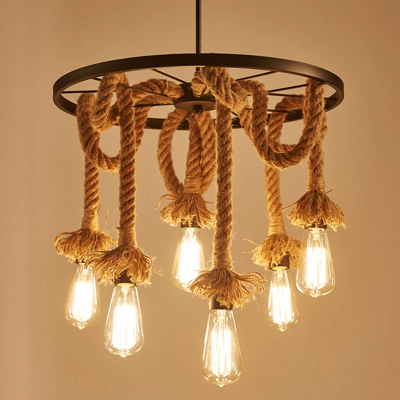 

Industry 6 heads loft chandelier edison E27 lights hemp rope pendant lamp bar restaurant cafe dining room living room droplight