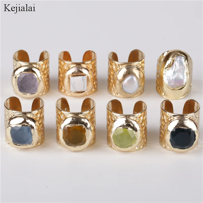 

big square multi colors semi precious stone & pearl bead charm wrap adjustable wide gold open hammered ring cuff for woman man