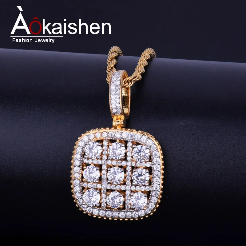 

Shiny Solitaire Square Military Army Cluster Pendant Necklace Chain Gold Silver Cubic Zirconia Men's Hip hop Jewelry For Gift