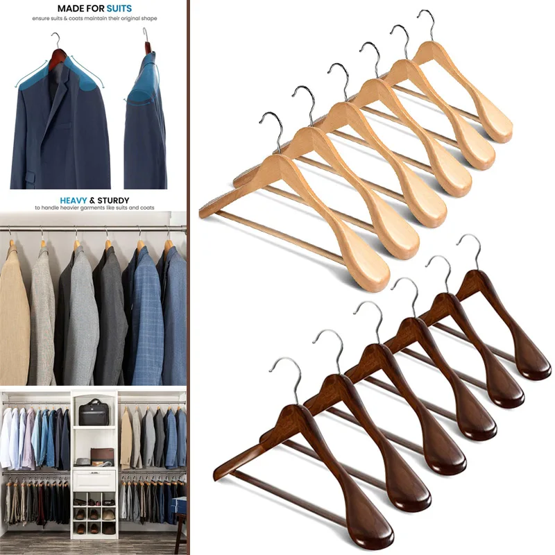 

Newest 6 Pcs Wide Shoulder Wooden Hangers with Non Slip Pants Bar for Coat Clothes Dress Suit