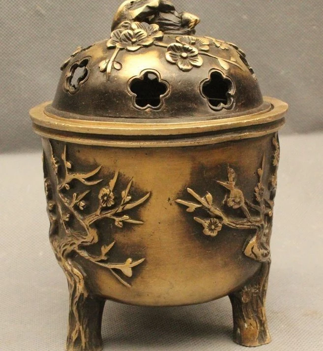 

7"China Chinese Folk Bronze Feng Shui Lucky Plum Blossom Incense Burner Censer