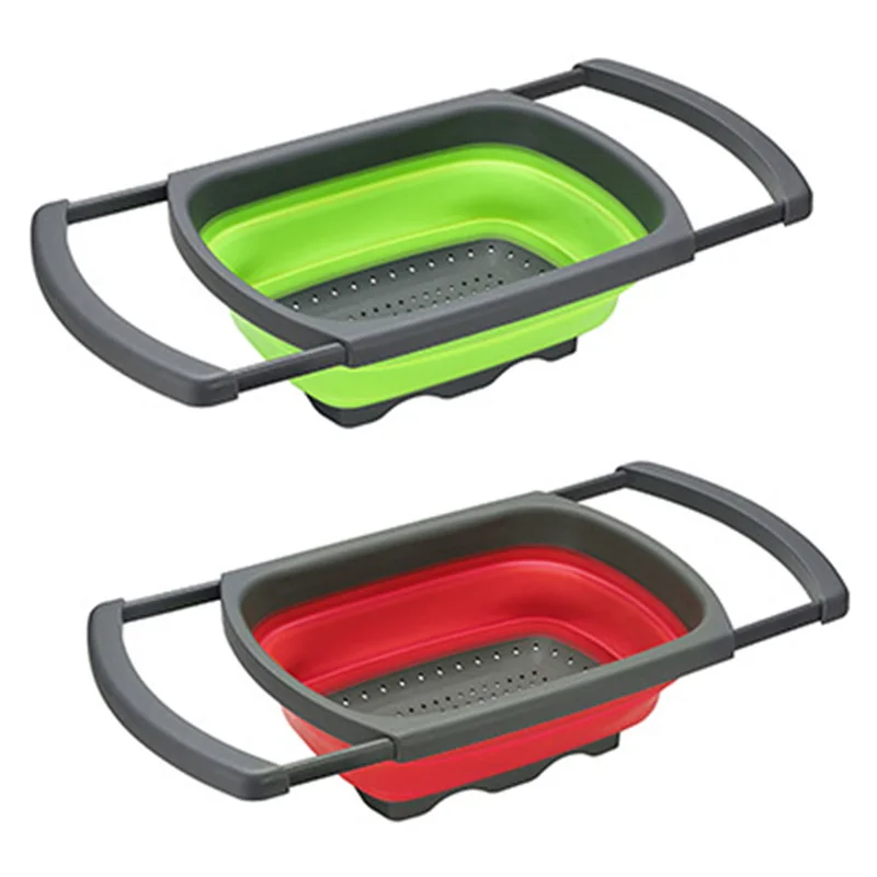 

Fruit Vegetable Folding Draining Basket Kitchen Strainer Collapsible Colanders with Retractable Handles Silicone Kitchen Tool#D3