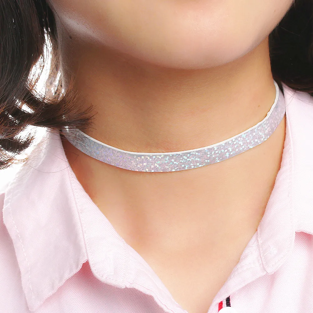 

1 PC Women Glitter two-sided Laser Choker Necklace Holographic thin PU Handmade Collar Chokers Fashion Jewelry