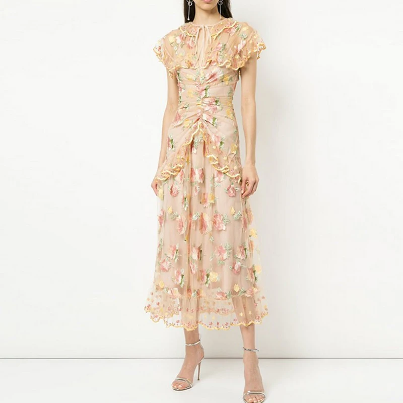 

HIGH QUALITY New Fashion 2019 Designer Runway Dress Women's Ruffle Collar Stunning Embroidery Gauze Dress